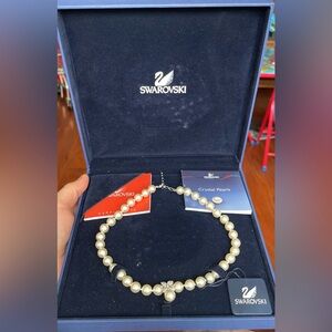 Swarovski Faux Pearl & Crystal Rhinestone Silver Tone Flower Pendant Necklace